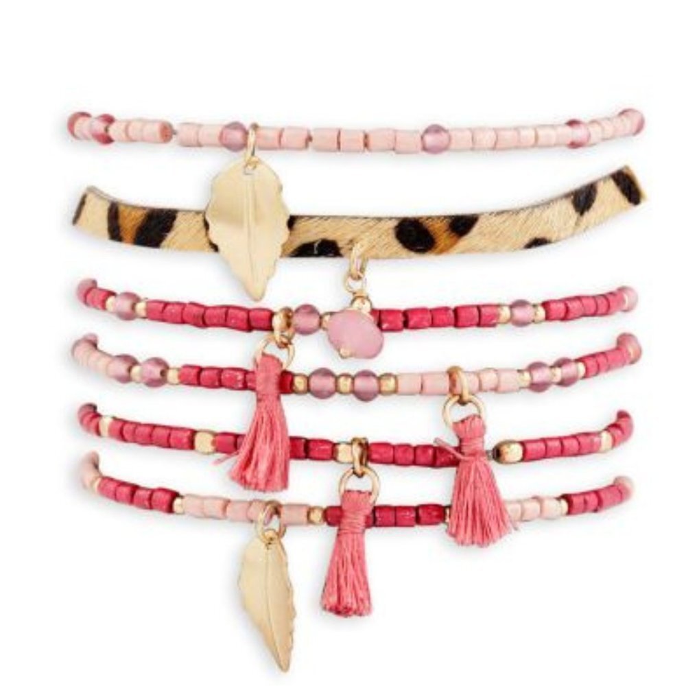 MYRA BAG Max2Max Bead & Leopard Print Hair-On Stacking Bracelet Set NWT